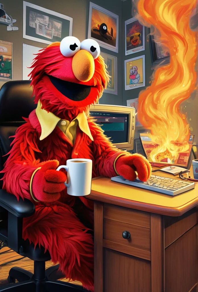 (masterpiece, Highest quality, 2D illustration, 2D, Best of Art Station),(1 Elmo The Muppets, The Muppets, Elmo, Red fur:1.1), sitting behind a desk, Elmo as a programmer, Soft and round yellow, A computer screen with many errors, Mac Pro Computer, (Everything is on fire, Coffee cup on fire,The room is on fire, Background confusion, Thick smoke gathering on the ceiling,Huge Flame:1.2), Elmo is holding his flaming coffee cup with two hands, (Hairy arms:1.3)