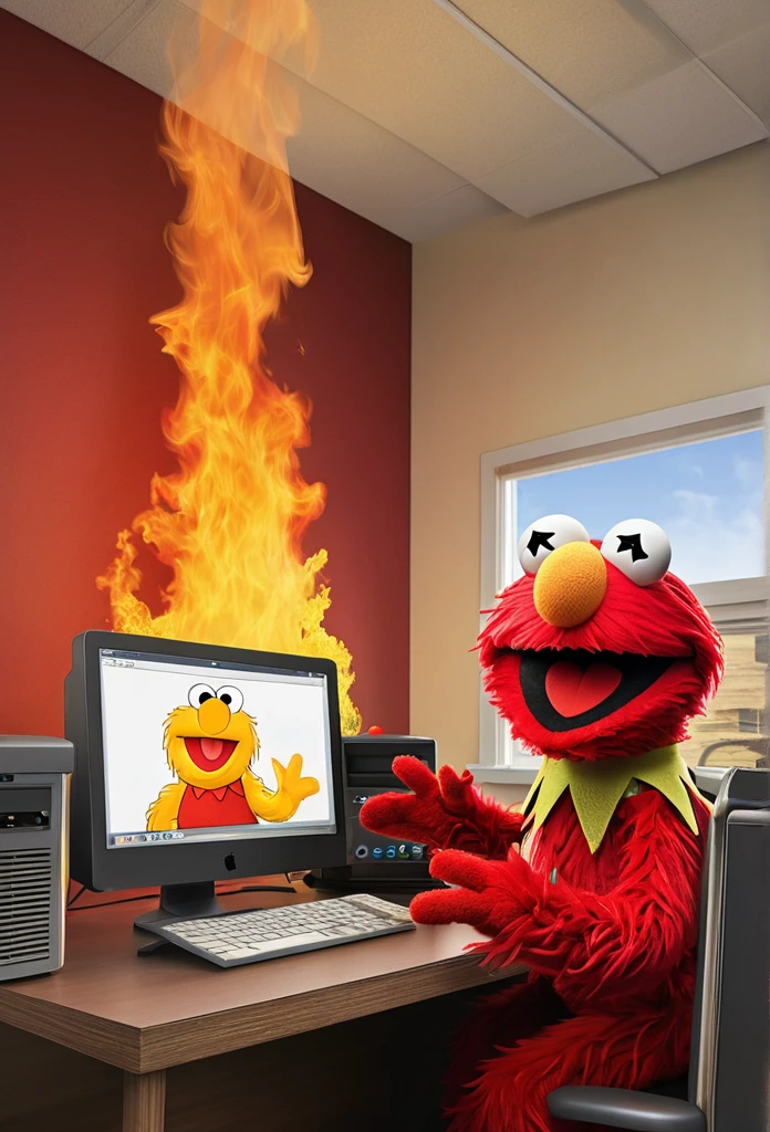 (masterpiece, Highest quality, 2D illustration, 2D, Best of Art Station),(1 Elmo The Muppets, The Muppets, Elmo, Red fur:1.1), sitting behind a desk, Elmo as a programmer, Soft and round yellow, A computer screen with many errors, Mac Pro Computer, (Everything is on fire, Coffee cup on fire,The room is on fire, Background confusion, Thick smoke gathering on the ceiling,Huge Flame:1.2), Elmo is holding his flaming coffee cup with two hands, (Hairy arms:1.3)