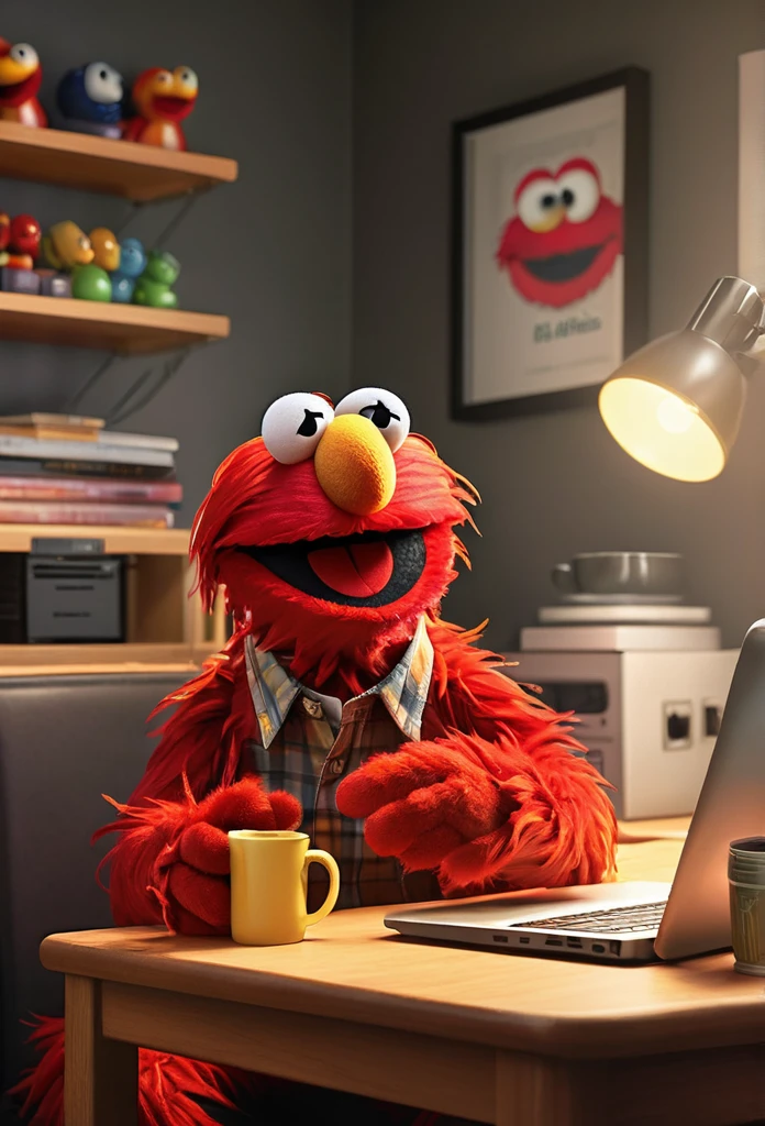 (masterpiece, Highest quality, 2D illustration, 2D, Best of Art Station),(1 Elmo The Muppets, The Muppets, Elmo, Red fur:1.1), sitting behind a desk, Elmo as a programmer, Soft and round yellow, A computer screen with many errors, Mac Pro Computer, (Everything is on fire, Coffee cup on fire,The room is on fire, Background confusion, Thick smoke gathering on the ceiling,Huge Flame:1.2), Elmo is holding his flaming coffee cup with two hands, (Hairy arms:1.3)
