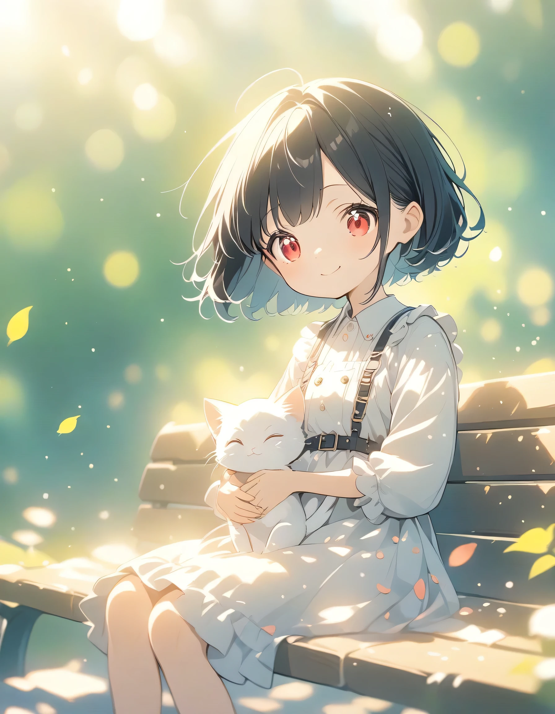 Anime Style, Ultra-fine illustrations, Very detailed, Dynamic Angle, Beautiful details, 8K,One cute girl,black Hair,Thin bob cut, smile,red eyes, Sitting on a garden bench,fashionable, Trendy clothing,Cobblestones,(Speckled sunlight:1.2),Blurred,(Depth of written boundary:1.1),Tilt your head,(Fluttering petals),wood,Cuddle a kitten,Sleep