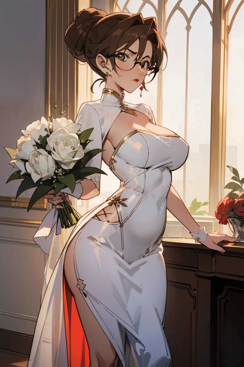 Night time,(Masterpiece), Best Quality, ultra-detailed, 1girl (eri, Slender and sexy body, , huge and pretty breasts, wide hips, brown hair, chignon, brown eyes, empty eye, spectacles), blank
face ,parted lips, mascara, full makeup, red lipstick, facing viewer, looking at viewer, solo, white wedding dress, see-through dress, long dress,, bows, wide skirt, white veil,bouquet grab , bows, in the livingroom, standing, , Front view