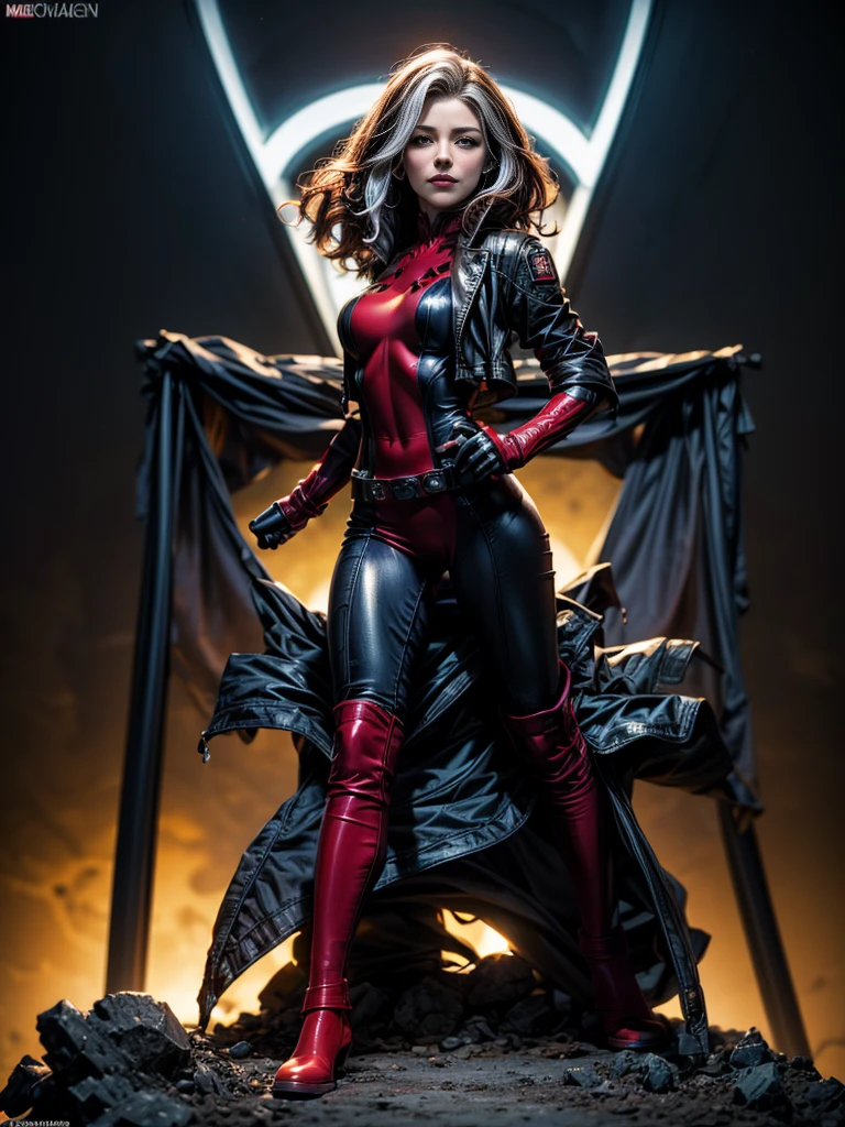 Evangeline Lilly、masterpiece、High quality 4K、villain (X-Men)、Gothic Girl、Sculpted Body Gothic Makeup、Black jacket、Red and blue bodysuit、masterpiece、Highest quality、Cowboy Shots、One personの女の子、One person、Technology Military Bodysuit、fringe