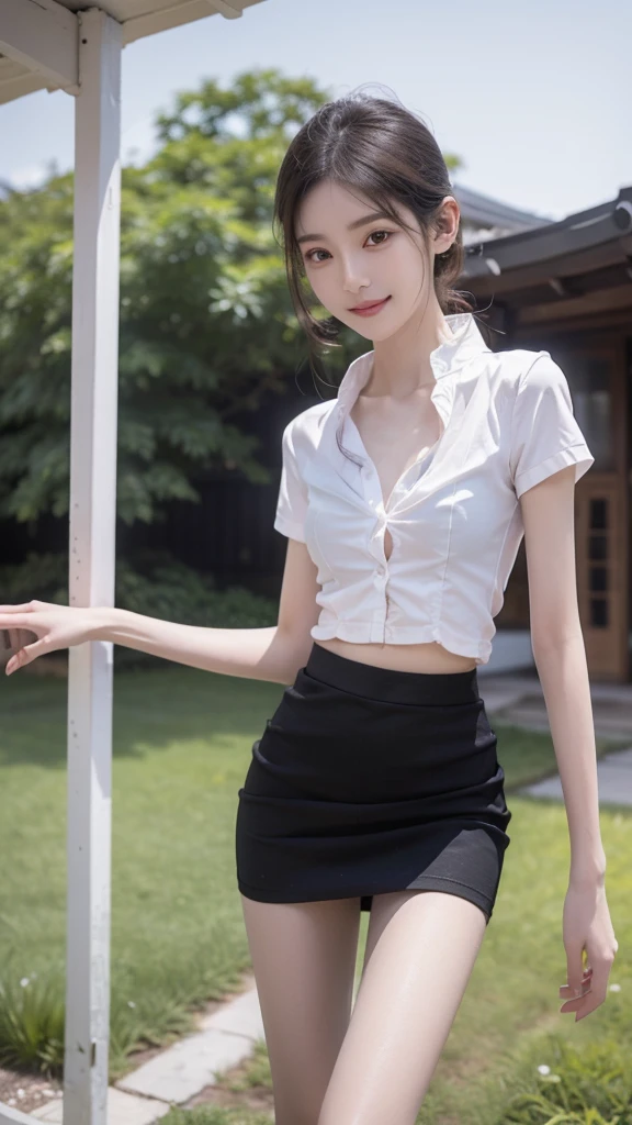 RAW, masterpiece, best quality, extremely detailed, 8k, HDR, photorealistic, intricate, (A skinny Korean girl), (black straight hair), (extremely-slim body), (narrow and small hips:1.3), (extremely-white pale-porcelain skin), smile, standing, outdoors, wearing a (fully buttoned down short sleeves shirt revealing bra), and (extremely-short black microskirt:1.4), (close-up picture)
