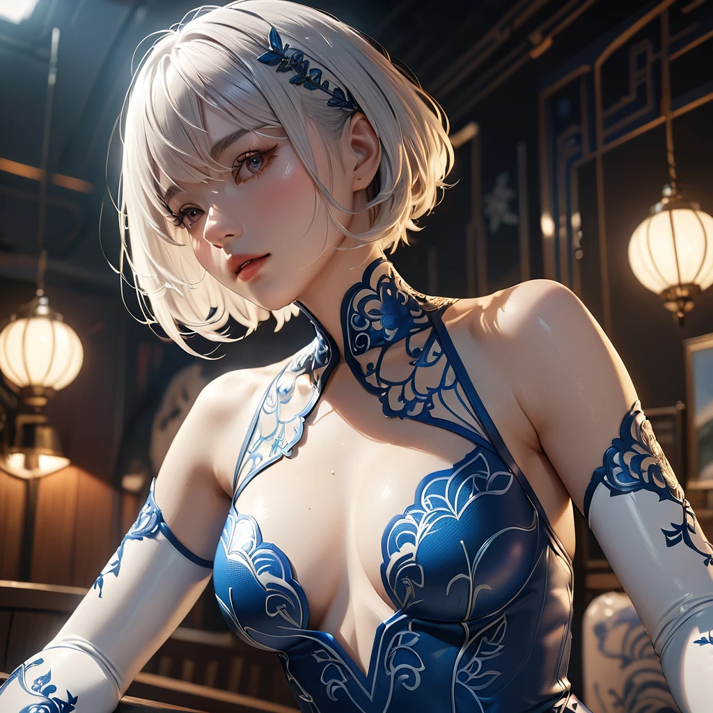 (Beautiful woman、One girl、Bodysuits:1.7、Very detailed、Incredibly beautiful、Porcelain-like skin、Short Hair、Narrow waist、erotic、Photorealistic、Very detailed、8K、Highest quality、High resolution、Cinematic lighting、Intricate details、masterpiece)