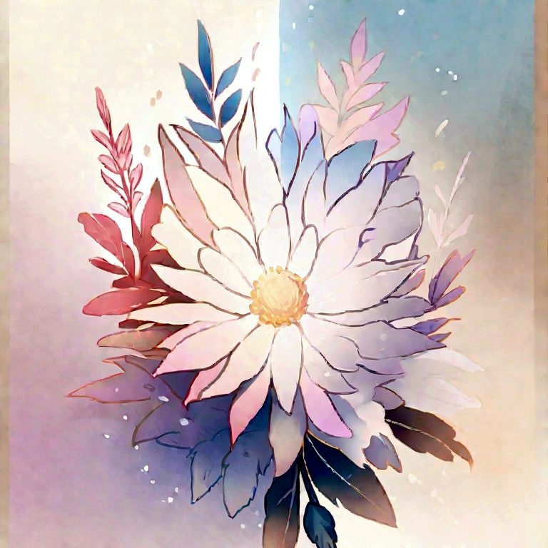 Draw an abstract painting of a flower.,Light dandelion fluff、Aesthetic composition，simple style, Soft and warm touch、The main color palette of the work is soft pastel colors.、When looking at this picture, you、interplay of color and texture、Immerse yourself in the gentle atmosphere