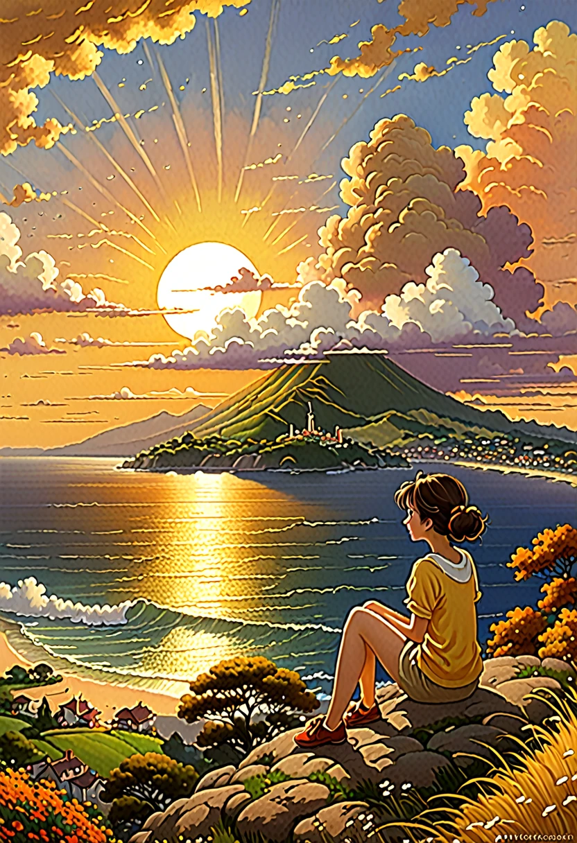 and souls、Skyscape with circular billowing clouds 、Orange-yellowish sky of the infernal sunset bright yellow clouds like shining gold、Deities々Shikai 、You can feel the touch of the brush.、girl sitting watching a sunset, Studio ghibli、ghibli、scenery、Style、The light shines、sky line , style Kilian Eng y Thomas Kinkade, Rob Gonsalves y Tim White., silvain sarriel, rads and thomas kinkade, inspired by RHADS, cyril rolando and m.I&#39;m confused, cyril rolando and m. I&#39;m confused, rads!!! Beautiful digital artwork, detailed painting 4k, very detailed digital painting, rich and picturesque colors, beautiful digital painting