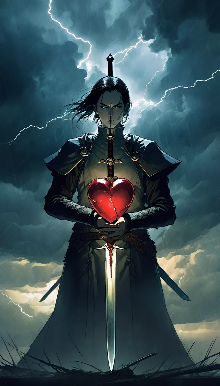 a heart pierced by three swords, dramatic lighting, storm clouds, fantasy, dark, dramatic, moody, Bill Sienkiewicz,, chiaroscuro, dramatic lighting, cinematic, muted colors, dramatic atmosphere (art inspired by Bill Sienkiewicz)
