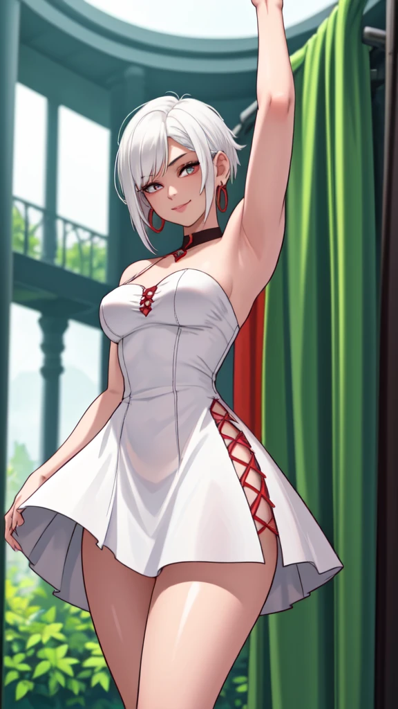 masterpiece, best quality,1girl,young girl, ringed red luminosus eyes, drill hair, evil smile, shiny skin, thin waist, mall, (((short white hair))), (curvy), ((wide hips)), ((hoop earrings)), small breads, sexy summer dress