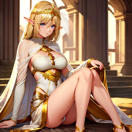 The elf is very beautiful, her body is slim and toned, His skin and hair are white with gold tones., His eyes are golden with a beautiful shine., his countenance is very attractive, her hair short but well combed, Her legs are slim and toned and her hands look very delicate both physically and mentally.. And he is tremendously happy