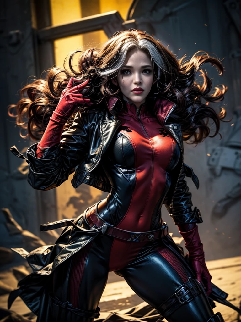 Jennifer Garner、masterpiece、High quality 4K、villain (X-Men)、Gothic Girl、Sculpted Body Gothic Makeup、Black jacket、Red and blue bodysuit、masterpiece、Highest quality、Cowboy Shots、One personの女の子、One person、Technology Military Bodysuit、fringe