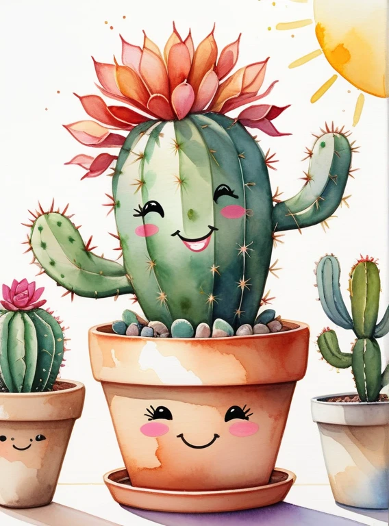 Happy cactus, vibrant colors, playful, desert vibes, whimsical, (watercolor painting:1.4), (fine details:1.3), (botanical illustration:1.2), (succulent:1.1), (prickly:1.1), (smiling face:1.2), (potted plant:1.3), (sunshine:1.2), (warm tones:1.1)