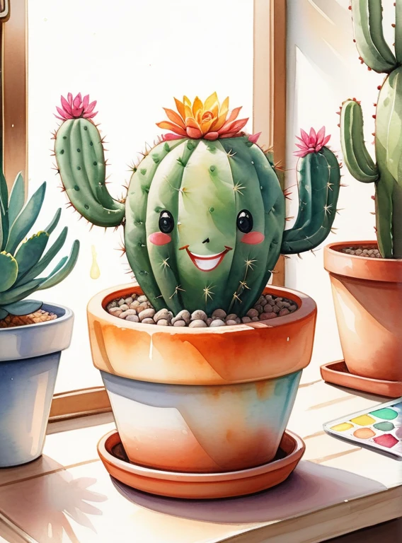 Happy cactus, vibrant colors, playful, desert vibes, whimsical, (watercolor painting:1.4), (fine details:1.3), (botanical illustration:1.2), (succulent:1.1), (prickly:1.1), (smiling face:1.2), (potted plant:1.3), (sunshine:1.2), (warm tones:1.1)