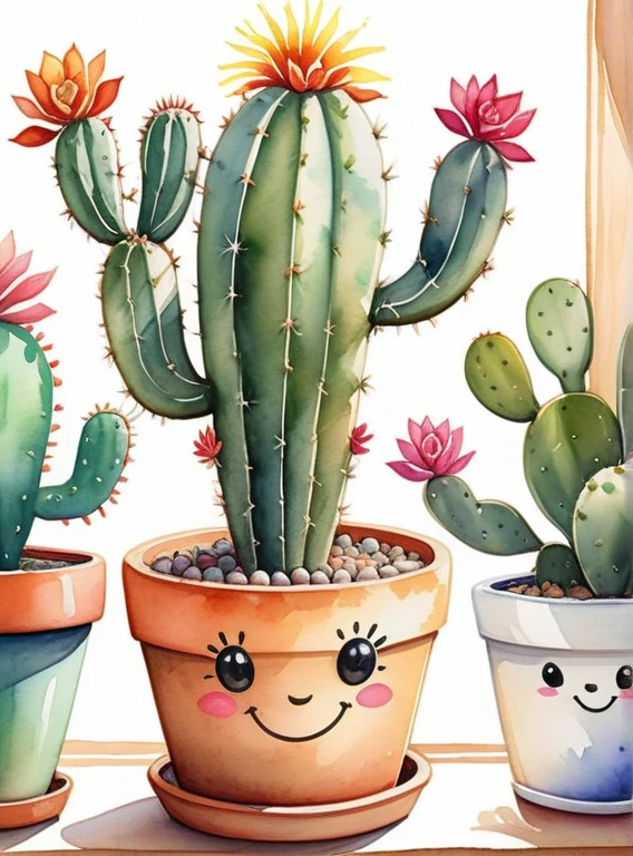 Happy cactus, vibrant colors, playful, desert vibes, whimsical, (watercolor painting:1.4), (fine details:1.3), (botanical illustration:1.2), (succulent:1.1), (prickly:1.1), (smiling face:1.2), (potted plant:1.3), (sunshine:1.2), (warm tones:1.1)