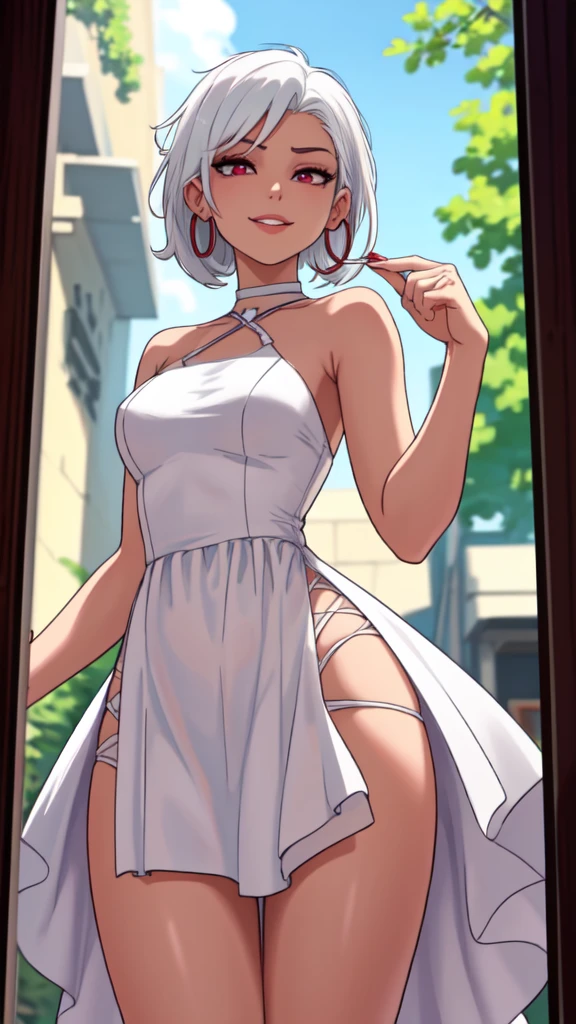 masterpiece, best quality,1girl,young girl, ringed red luminosus eyes, drill hair, evil smile, shiny skin, thin waist, mall, (((short white hair))), (curvy), ((wide hips)), ((hoop earrings)), small breads, sexy summer dress, hot