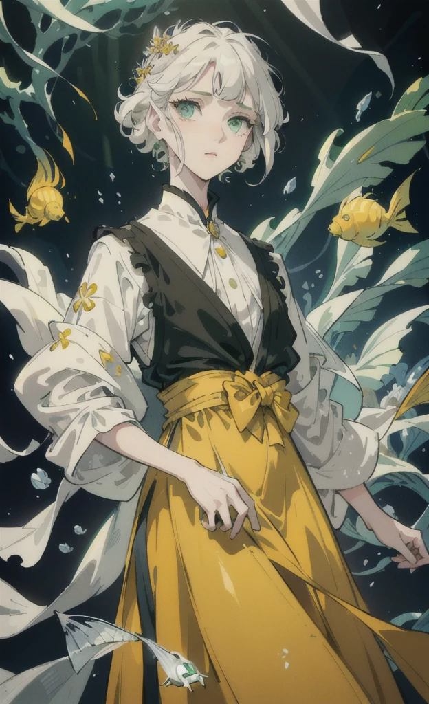 ,white hair,light green eyes,short hair,Long back hair,wearing a yellow princess dress,There is a Venkad card.,Clear face,Masterpiece,Clear picture,Sharp-eyed,Curly eyelashes,dark background,There are fish.,There are corals.,under the sea