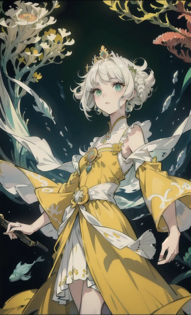 ,white hair,light green eyes,short hair,Long back hair,wearing a yellow princess dress,There is a Venkad card.,Clear face,Masterpiece,Clear picture,Sharp-eyed,Curly eyelashes,dark background,There are fish.,There are corals.,under the sea