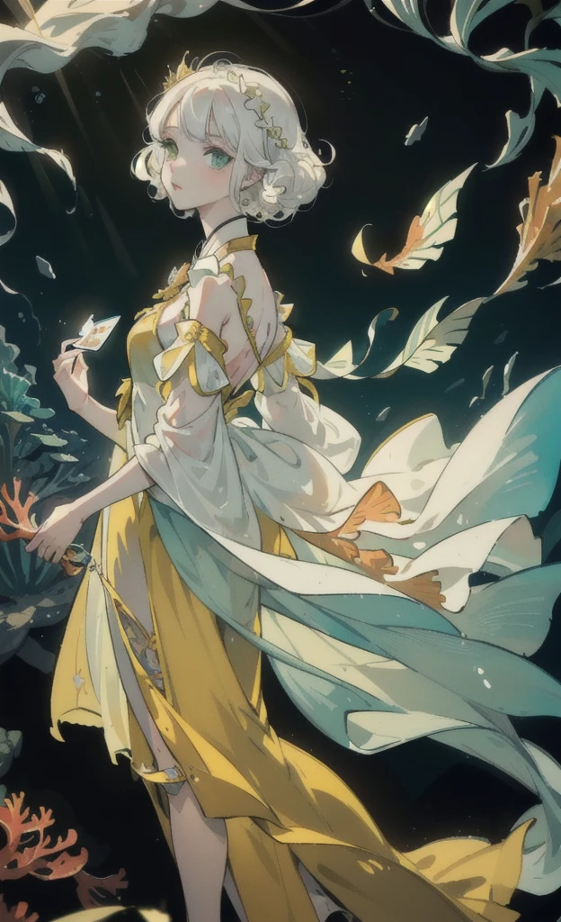 ,white hair,light green eyes,short hair,Long back hair,wearing a yellow princess dress,There is a Venkad card.,Clear face,Masterpiece,Clear picture,Sharp-eyed,Curly eyelashes,dark background,There are fish.,There are corals.,under the sea
