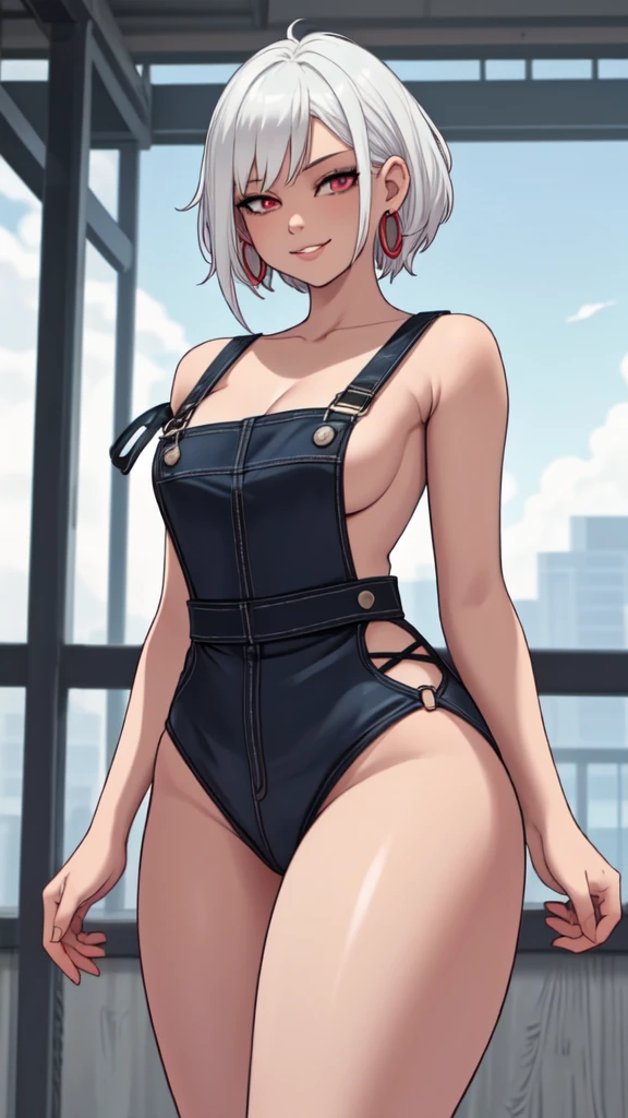 masterpiece, best quality,1girl,young girl, ringed red luminosus eyes, drill hair, evil smile, shiny skin, thin waist, mall, (((short white hair))), (curvy), ((wide hips)), ((hoop earrings)), small breads, sexy overalls, hot