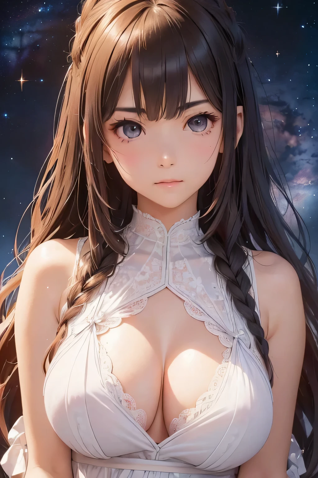 Highest quality、High resolution、Detailed Background、(Beautiful face in every detail:1.4)、Anatomically correct、(Detailed facial expressions)、(Detailed eyes:1.2)、age beauty、(Highly detailed face:1.4)、(Huge breasts:1.4)、Cute hair colour、Braided long hair、Wavy Hairstyle、Realistic、well-groomed eyebrows、Perfect body line、Late Night、white lace nightdress、very beautiful、
A spectacular sight of the universe disappearing、star々are disappearing one by one、The light and darkness are disappearing、I stand there quietly、(A beautiful girl looking at the end of the universe:1.5)
