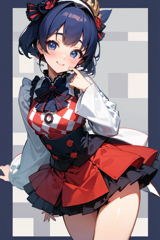 MS. cute、Taisho、Checkerboard Pattern、Beautiful Eyes、Embarrassing、Navy Blue and Red、A special smile、mini skirt、Center of chest、background、日本のTaisho浪漫、
