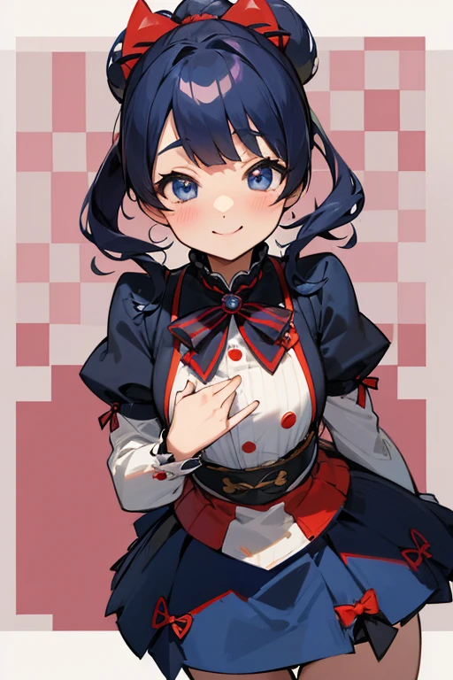 MS. cute、Taisho、Checkerboard Pattern、Beautiful Eyes、Embarrassing、Navy Blue and Red、A special smile、mini skirt、Center of chest、background、日本のTaisho浪漫、