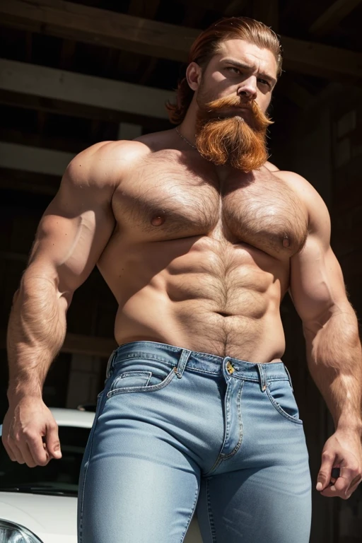 Masterpiece, Best Quality, Ultra-Detailed, muscular, bearded, thick mustache, imposing man [intense look], Intimidating presence, male figure,[imposing shadows],gritty realism, extreme detailed description, wide shoulders, green eyes, detailed eyes, brilliant eyes, handsome eyes, red hair, ginger hair, ginger beard, [chin stubble], imposing silhouette, bright colors, distinctive beard style, sharp focus,  (((light blue jeans)))  (((Big bulge)))