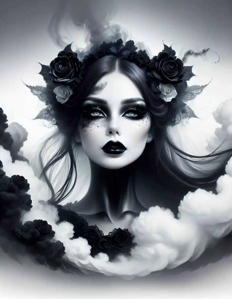 gothic art,dream,(There is only one stunning close-up of her face),Gothic makeup,black and white smoke floating around,simple white background,A lot of white space