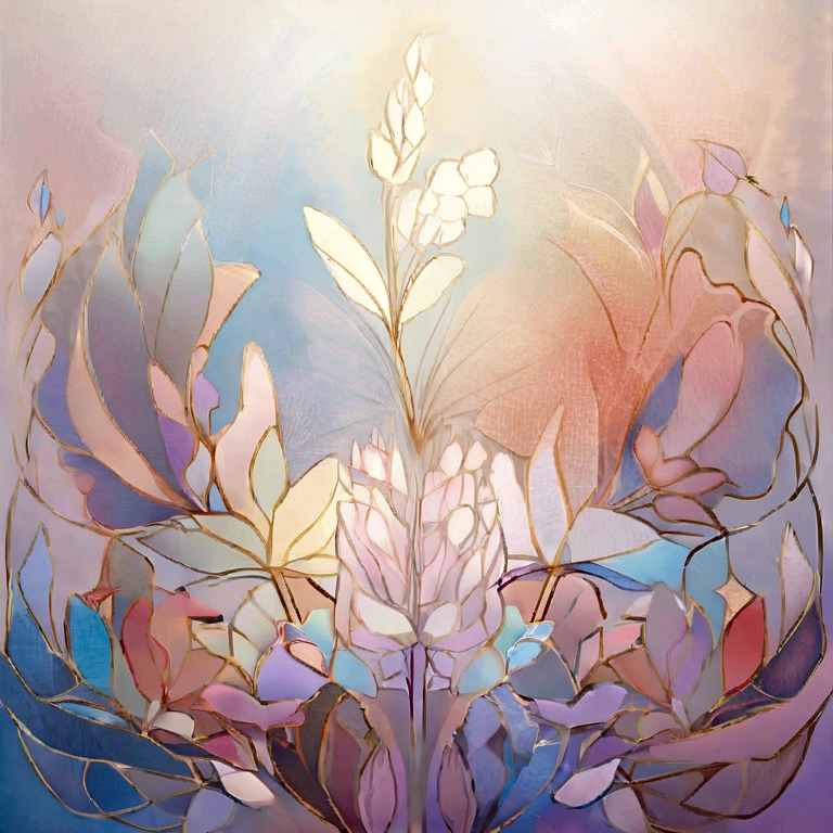 Draw an abstract painting of a flower.,Light dandelion fluff、Aesthetic composition，simple style, Soft and warm touch、The main color palette of the work is soft pastel colors.、When looking at this picture, you、interplay of color and texture、Immerse yourself in the gentle atmosphere