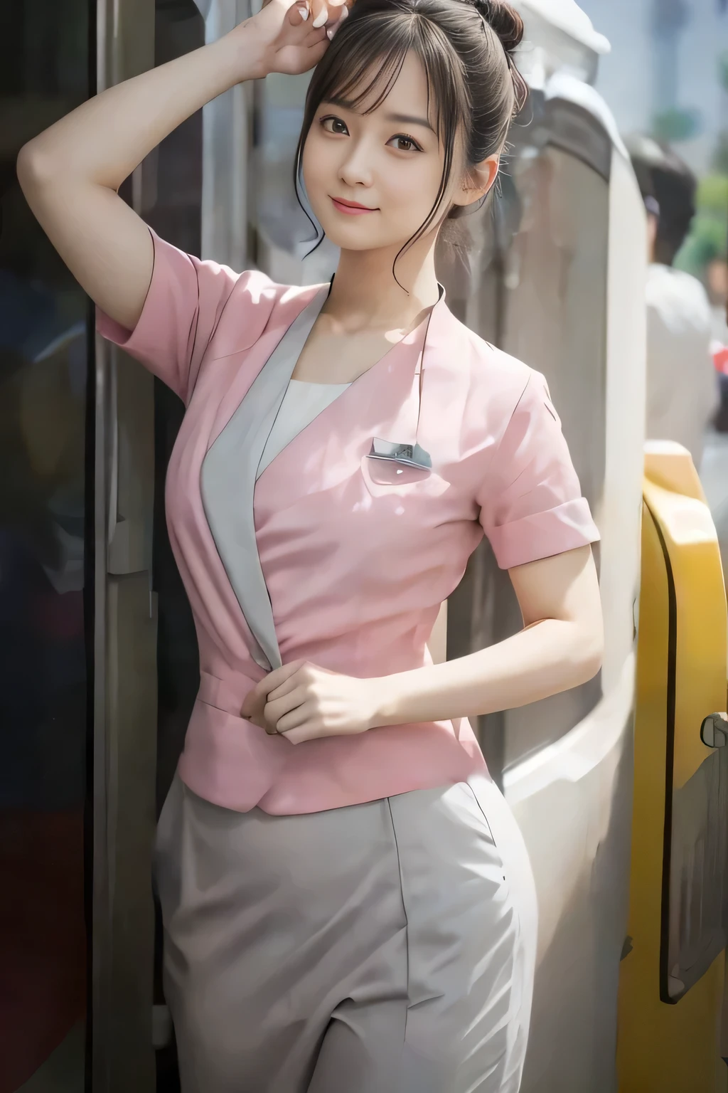 (masterpiece:1.2, Highest quality:1.2), 32k HDR, High resolution, (alone、1 girl)、(On the rooftop of a building in the daytime、Professional Lighting)、Building rooftop background、(Nankai train crew uniform pinkを着たリアルスタイル)、(Nankai train crew uniform pink short sleeve collarless pink jacket、Nankai Train Crew Uniform Pink Collarless Short Sleeve Blouse、Nankai Train Crew Uniform Pink Grey Knee-length Culottes)、((The bottom of the pink short-sleeved jacket cannot be tucked into the clay-colored culottes.))、Dark brown hair、(Hair tied up、Hair Bun、Hair Bun)、Dark brown hair、Long Shot、Big Breasts、Thin legs、((Great hands:2.0)),((Harmonious body proportions:1.5)),((Normal limbs:2.0)),((Normal finger:2.0)),((Delicate eyes:2.0)),((Normal eyes:2.0)))、(Nankai Train Crew Uniform Pink Grey Knee-length Culottesを見せた美しい立ち姿)、smile