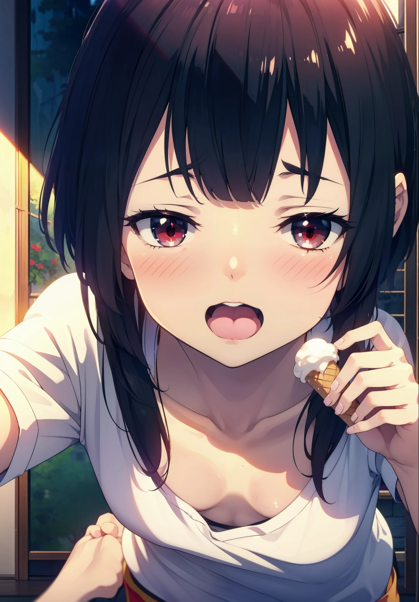 konosubaMegumin, Megumin, short hair, Black Hair, (Red eyes:1.3), short hair with long locks,happy smile, smile, Open your mouth,Tank top shirt with open mouth,Shorts,barefoot,barefoot,Holding and eating ice cream with right hand,Sitting on the sofa,whole bodyがイラストに入るように,morning,morning陽,The sun is rising,
break indoor, room,
break looking at viewer,whole body, (Cowboy Shot:1. 5)
break (masterpiece:1.2), Highest quality, High resolution, unity 8k wallpaper, (figure:0.8), (Beautiful attention to detail:1.6), Highly detailed face, Perfect lighting, Highly detailed CG, (Perfect hands, Perfect Anatomy),