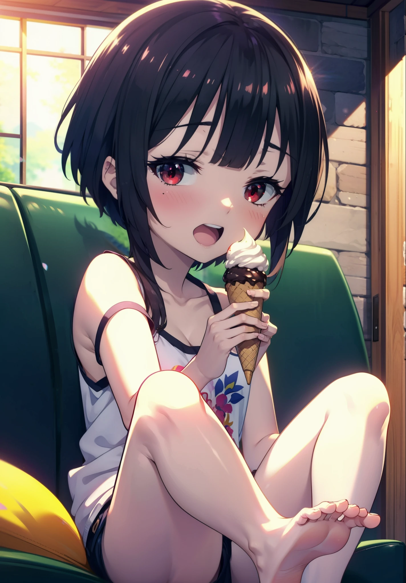 konosubaMegumin, Megumin, short hair, Black Hair, (Red eyes:1.3), short hair with long locks,happy smile, smile, Open your mouth,Tank top shirt with open mouth,Shorts,barefoot,barefoot,Holding and eating ice cream with right hand,Sitting on the sofa,whole bodyがイラストに入るように,morning,morning陽,The sun is rising,
break indoor, room,
break looking at viewer,whole body, (Cowboy Shot:1. 5)
break (masterpiece:1.2), Highest quality, High resolution, unity 8k wallpaper, (figure:0.8), (Beautiful attention to detail:1.6), Highly detailed face, Perfect lighting, Highly detailed CG, (Perfect hands, Perfect ),