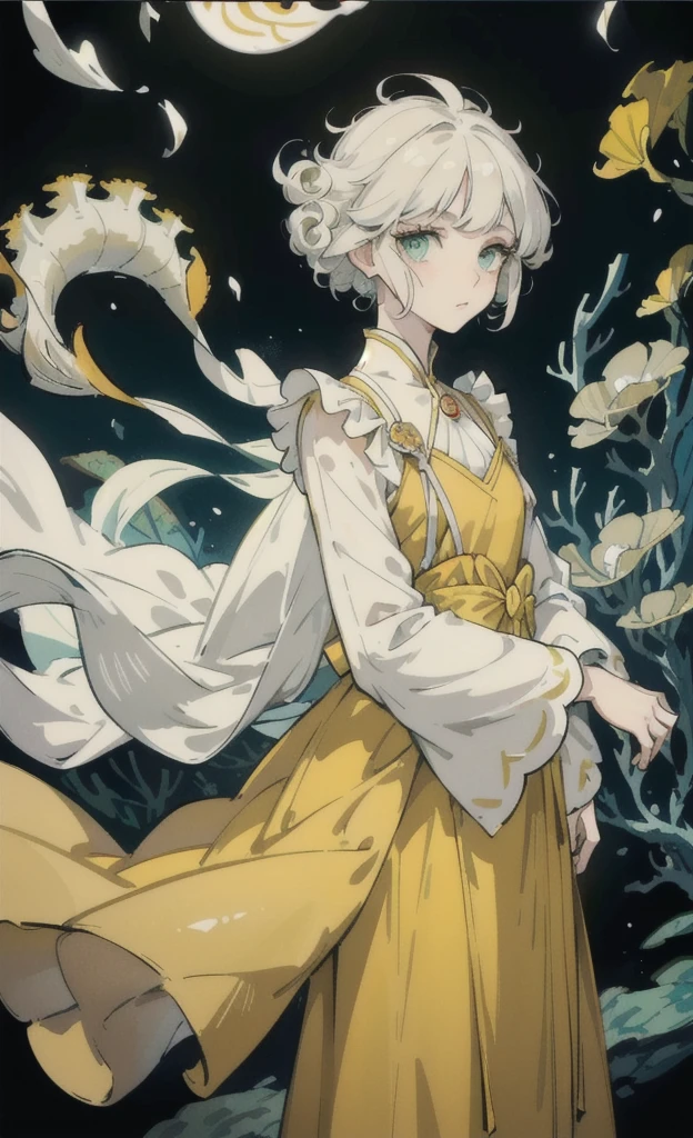 ,white hair,light green eyes,short hair,Long back hair,wearing a yellow princess dress,There is a Venkad card.,Clear face,Masterpiece,Clear picture,Sharp-eyed,Curly eyelashes,dark background,There are fish.,There are corals.,under the sea