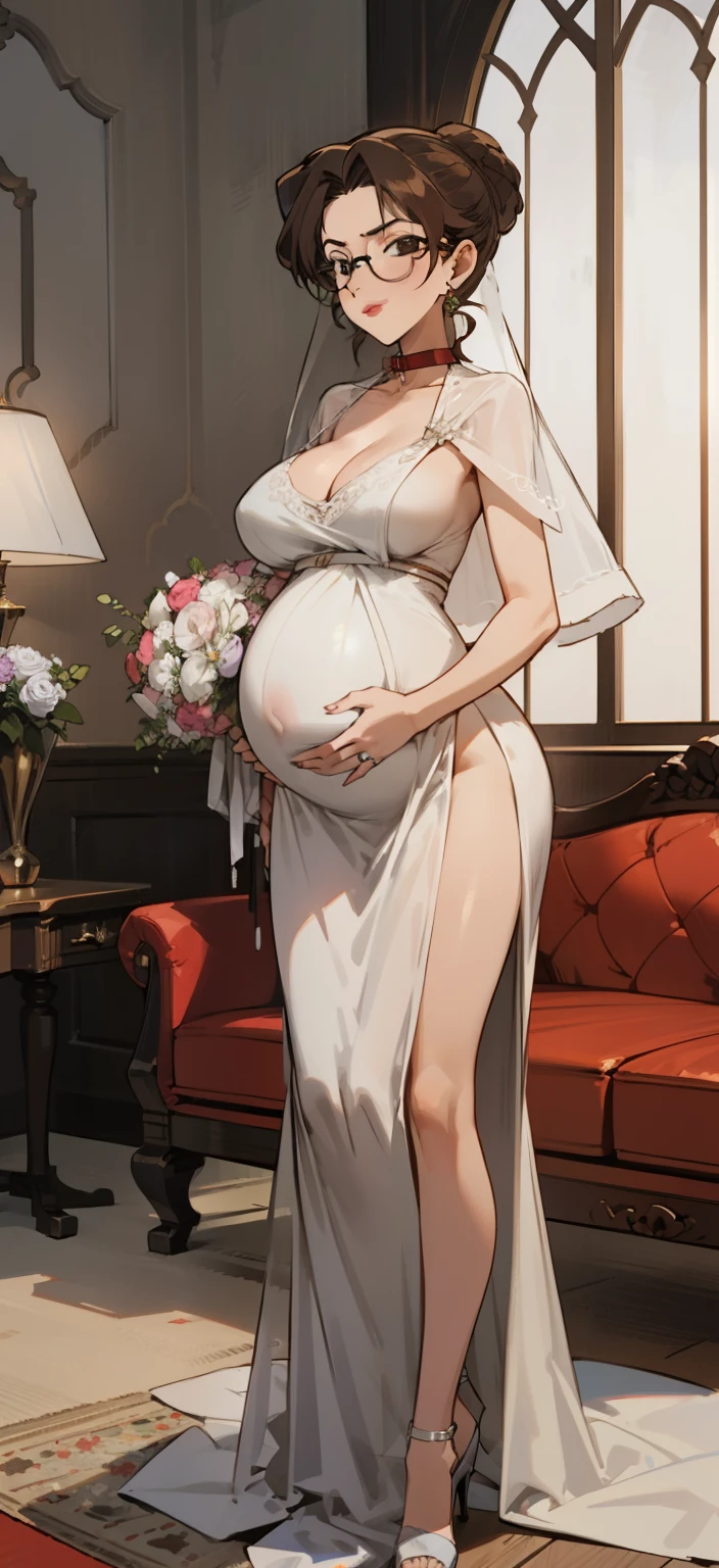 Night time,(Masterpiece), Best Quality, ultra-detailed, 1girl (eri, Slender and sexy body, pregnant, huge and pretty breasts, wide hips, brown hair, chignon,dog collar, brown eyes, empty eye, spectacles), evil
face, smirk,parted lips, mascara, full makeup, red lipstick, facing viewer, looking at viewer, solo, white wedding dress, see-through dress, long dress, white veil,bouquet grab , bows, in the livingroom, standing, , Front view,Full-body