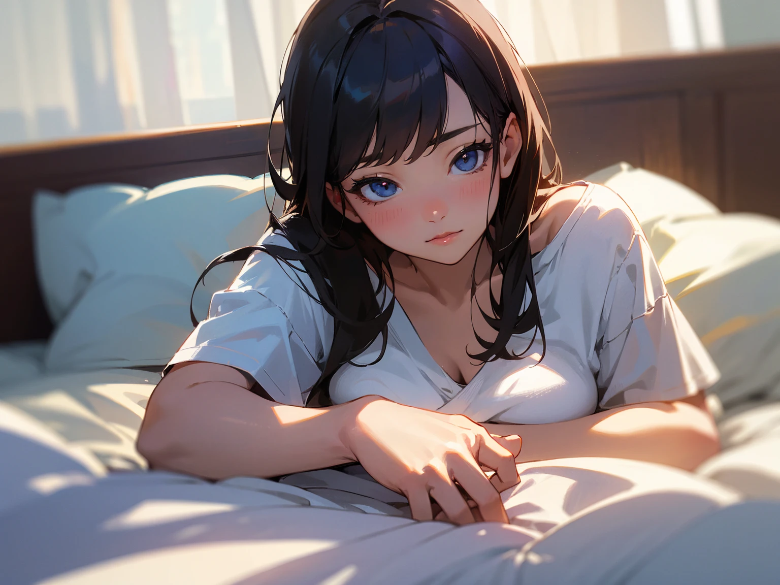 Photorealistic、Highest quality、Highest Resolution、Highest quality、8K、1人のBeautiful woman、Beautiful woman、Beautiful woman、morning、Just woke up、Waking up、Looks sleepy、in bed、good morning、