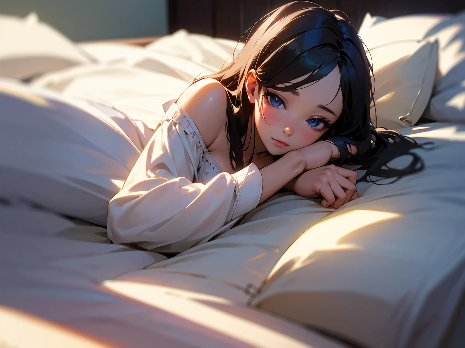 Photorealistic、Highest quality、Highest Resolution、Highest quality、８Ｋ、1人のBeautiful woman、Beautiful woman、Beautiful woman、morning、Just woke up、Waking up、Looks sleepy、in bed、good morning、