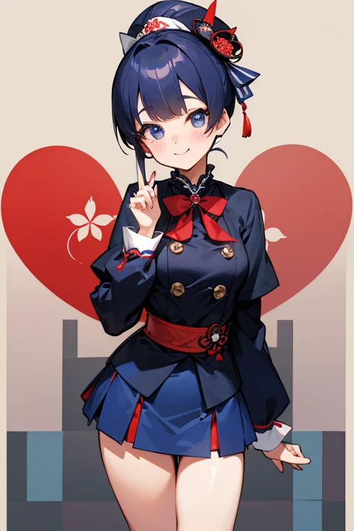 MS. cute、Taisho、Checkerboard Pattern、Beautiful Eyes、Embarrassing、Navy Blue and Red、A special smile、mini skirt、Center of chest、background、日本のTaisho浪漫、