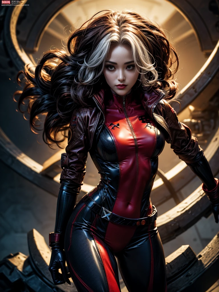 Maggie Q、masterpiece、High quality 4K、villain (X-Men)、Gothic Girl、Sculpted Body Gothic Makeup、Black jacket、Red and blue bodysuit、masterpiece、Highest quality、Cowboy Shots、One personの女の子、One person、Technology Military Bodysuit、fringe