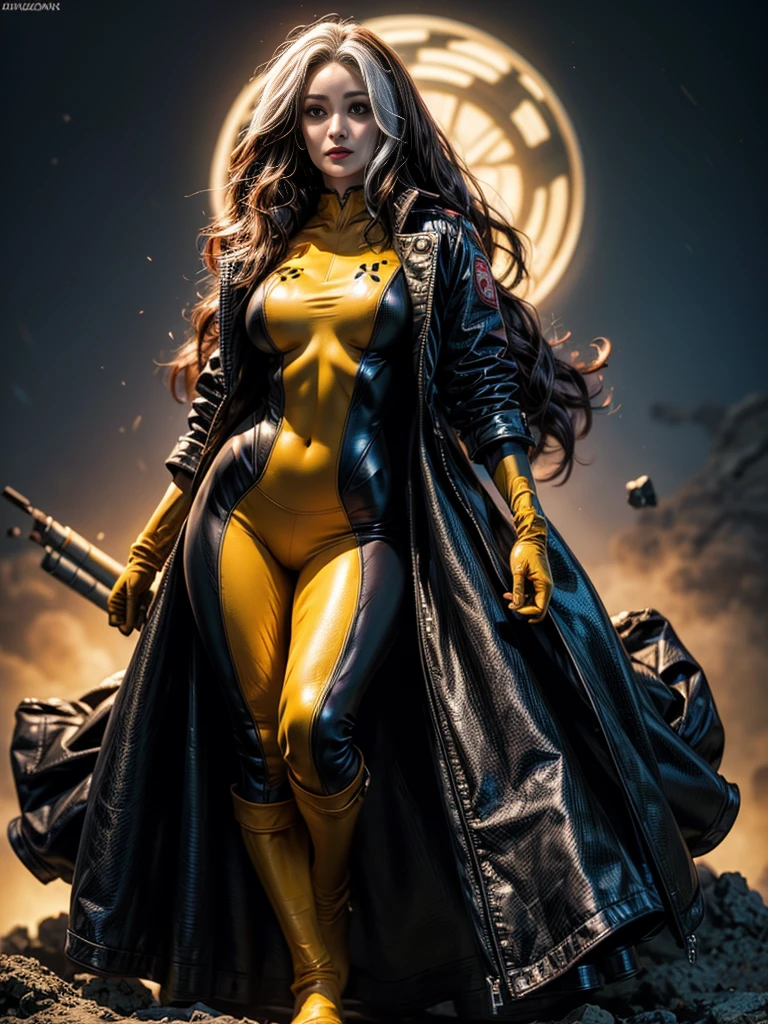 Maggie Q、masterpiece、High quality 4K、villain (X-Men)、Gothic Girl、Sculpted Body Gothic Makeup、Black jacket、Red and blue bodysuit、masterpiece、Highest quality、Cowboy Shots、One personの女の子、One person、Technology Military Bodysuit、fringe