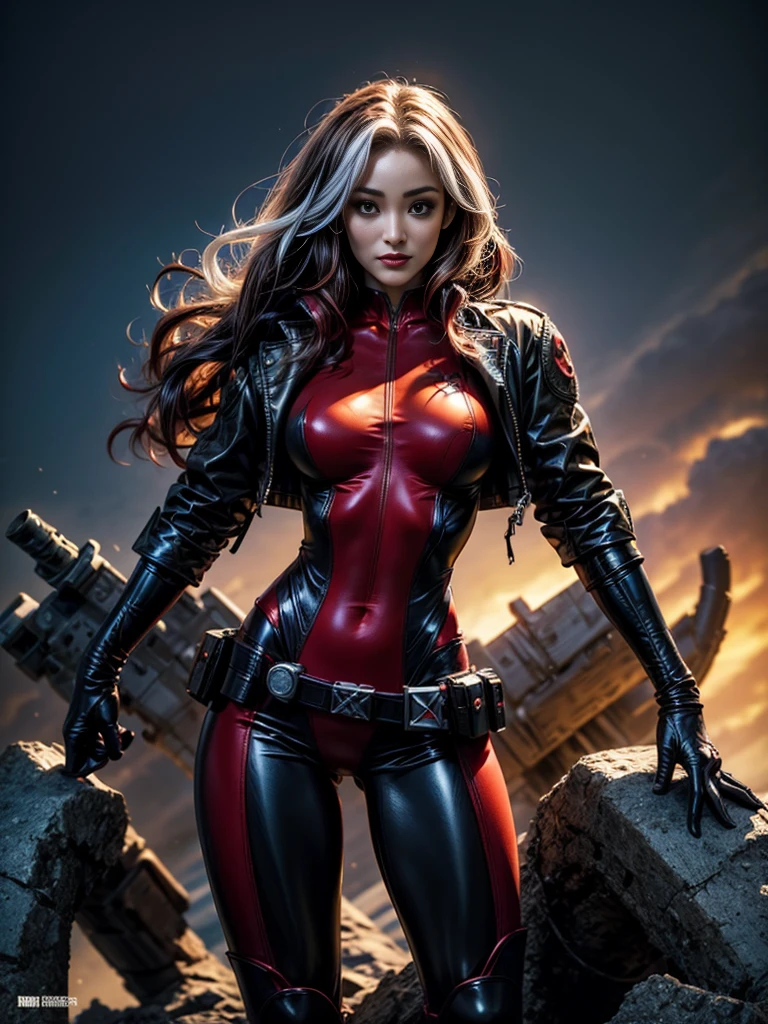 Maggie Q、masterpiece、High quality 4K、villain (X-Men)、Gothic Girl、Sculpted Body Gothic Makeup、Black jacket、Red and blue bodysuit、masterpiece、Highest quality、Cowboy Shots、One personの女の子、One person、Technology Military Bodysuit、fringe