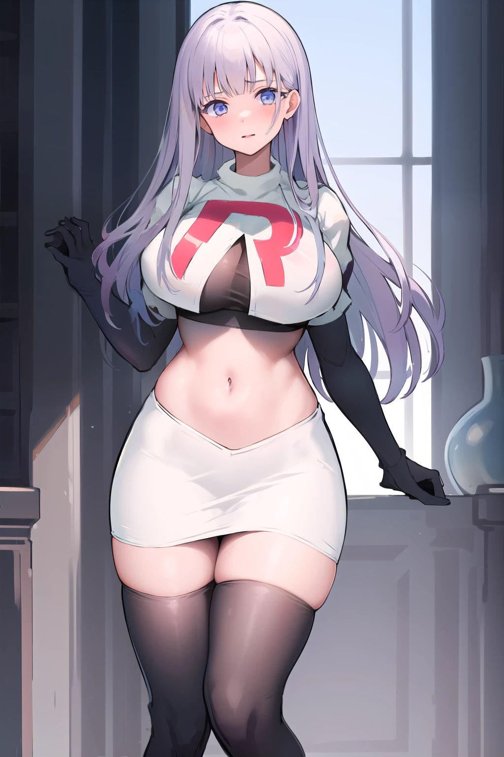 masterpiece,high quality,1girls, large breasts,plmtazln,team rocket,team rocket uniform,white skirt,red letter R,crop top,black thigh-highs,black elbow gloves