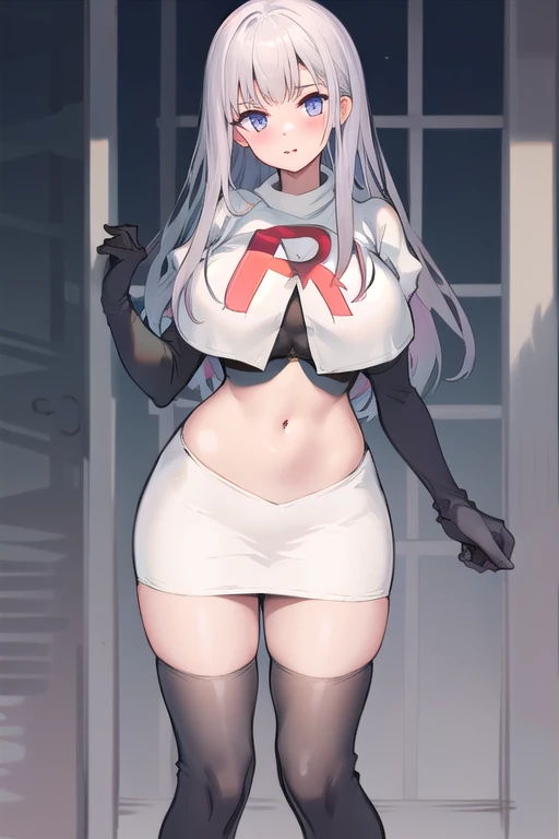 masterpiece,high quality,1girls, large breasts,plmtazln,team rocket,team rocket uniform,white skirt,red letter R,crop top,black thigh-highs,black elbow gloves