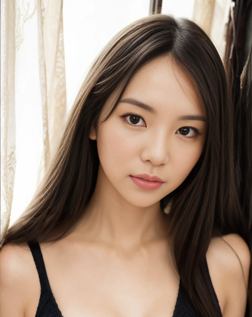 masterpiece, best quality,8k resolution,realistic,, 1 girl, there is a woman with long black hair posing for a picture, a picture by Tadashi Nakayama, flickr, 