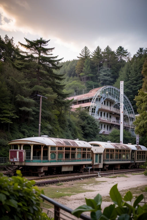 An abandoned luxury resort hotel reclaimed by nature, With rusty roller coaster and carousel frozen in time.
Blurred