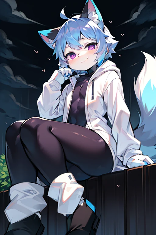 cat plush，hairy，furry，Colorful Patterned White Sweatshirt，black bunny suit，Q version，cute，Simple art style，Cartoon style，purple eyes，Cheerful，happy，Ears with blue hair and ear tips with white hair，blue hair on back，Big tail blue tail tip white，raincoat，dark clouds，rain, sitting, show big ass, femboy