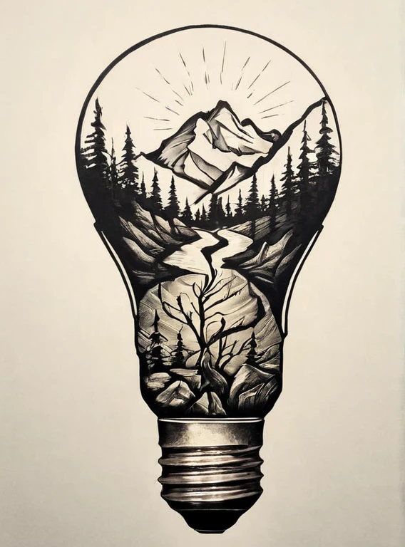 drawing of a minimalist tattoo, landscape inside a broken light bulb