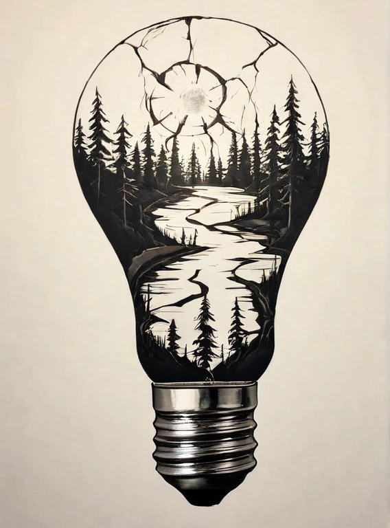 drawing of a minimalist tattoo, landscape inside a broken light bulb