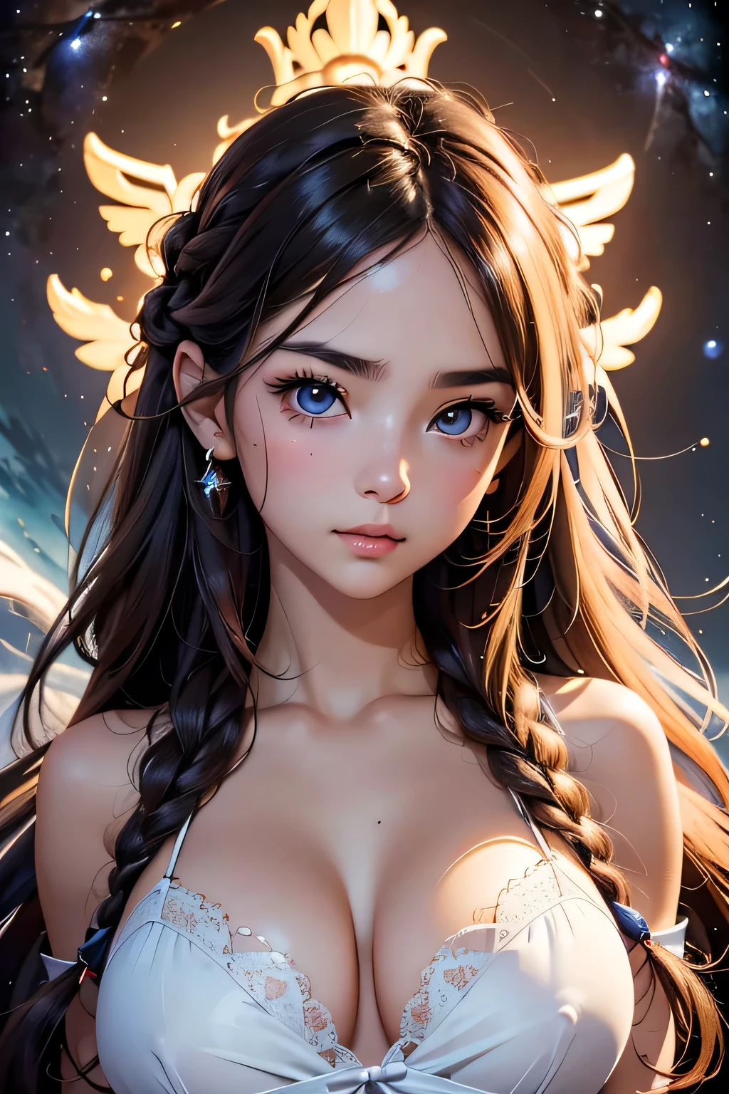 Highest quality、High resolution、Detailed Background、(Beautiful face in every detail:1.4)、Anatomically correct、(Detailed facial expressions)、(Detailed eyes:1.2)、Teenage beauty、(Highly detailed face:1.4)、(Huge breasts:1.4)、Cute hair colour、Braided long hair、Wavy Hairstyle、Realistic、well-groomed eyebrows、Perfect body line、Late Night、white lace nightdress、very beautiful、
A spectacular sight of the universe disappearing、star々are disappearing one by one、The light and darkness are disappearing、I stand there quietly、(A beautiful girl looking at the end of the universe:1.5)