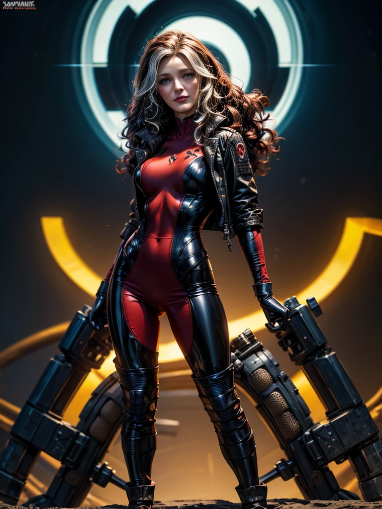 Blake Lively、masterpiece、High quality 4K、villain (X-Men)、Gothic Girl、Sculpted Body Gothic Makeup、Black jacket、Red and blue bodysuit、masterpiece、Highest quality、Cowboy Shots、One personの女の子、One person、Technology Military Bodysuit、fringe