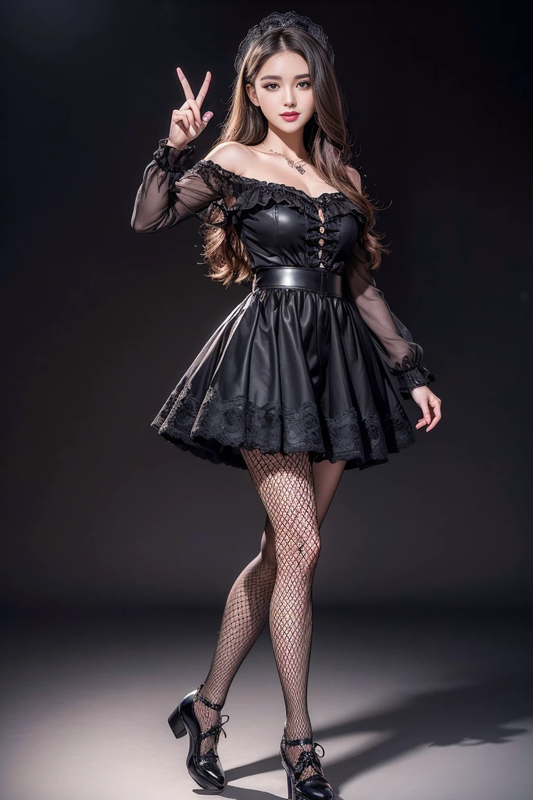 (masterpiece, best quality, realistically, Work, super detailed, 8K), ((Wide-angle lens, Full body female love)), 1 girl,Light makeup,Exquisite facial features,Smile,Exquisite crystal jewelry,Heart necklace,Crystal headband,long hair,dark brown hair, ,Correct finger structure,Black Lace Flared Mini Skirt, Red lace off-shoulder ta fashion outfit,Black fishnet tights,leather shoes,long legs,front standing posture ,Face the audience,full body portrait,gray background, medium sized breasts, slim waist, small thighs, action pose, open pose, sultry pose