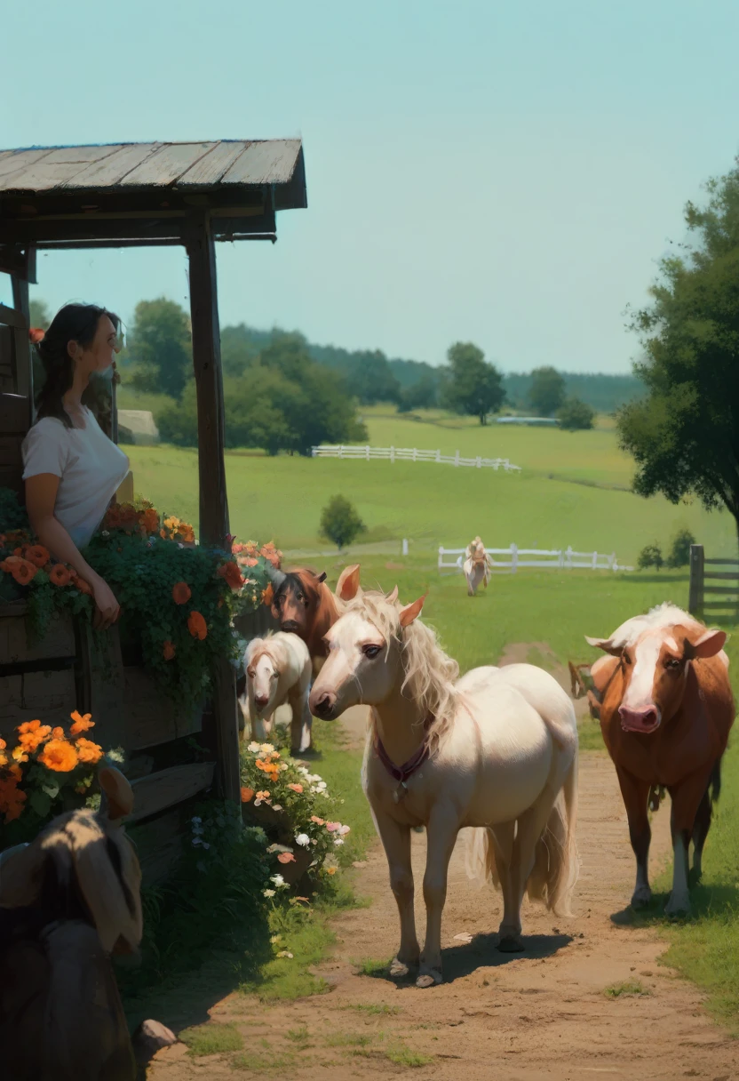 three girls on the farm , to flowers and animals 